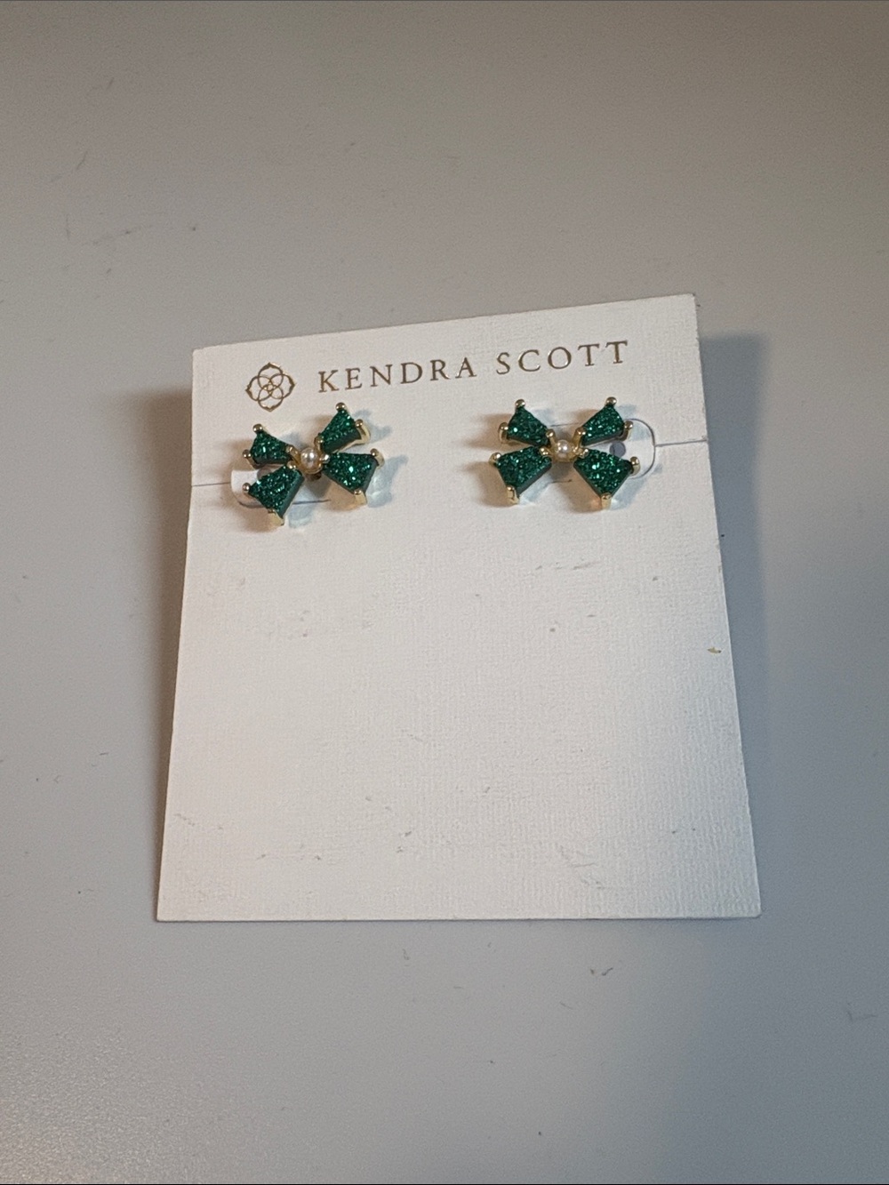NWOT [Kendra Scott] Blair Bow Stud Sparkle Earrings, Gold/Emerald (Green) Drusy - Picture 5 of 9